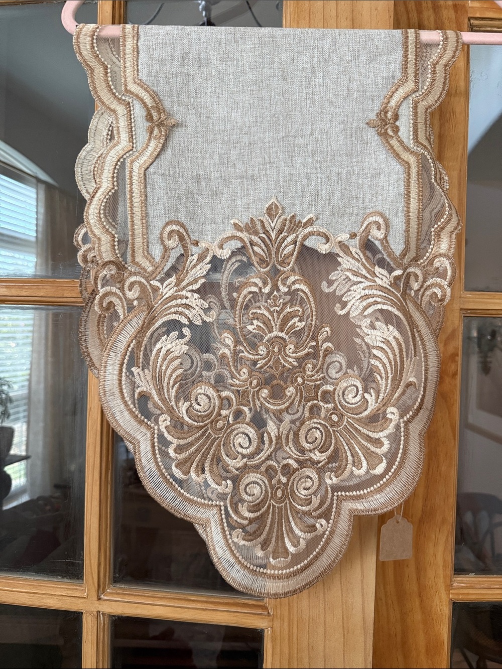 Embroidered Scrollwork Table Runner - Beige and Gold